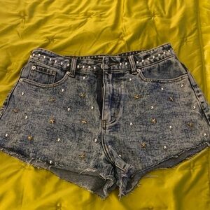 Nasty Gal Blue Studded Jean Shorts
